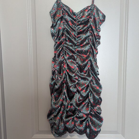 Urban Outfitters Green and Red Floral Ruched Mini Dress size- Medium - Picture 3 of 5